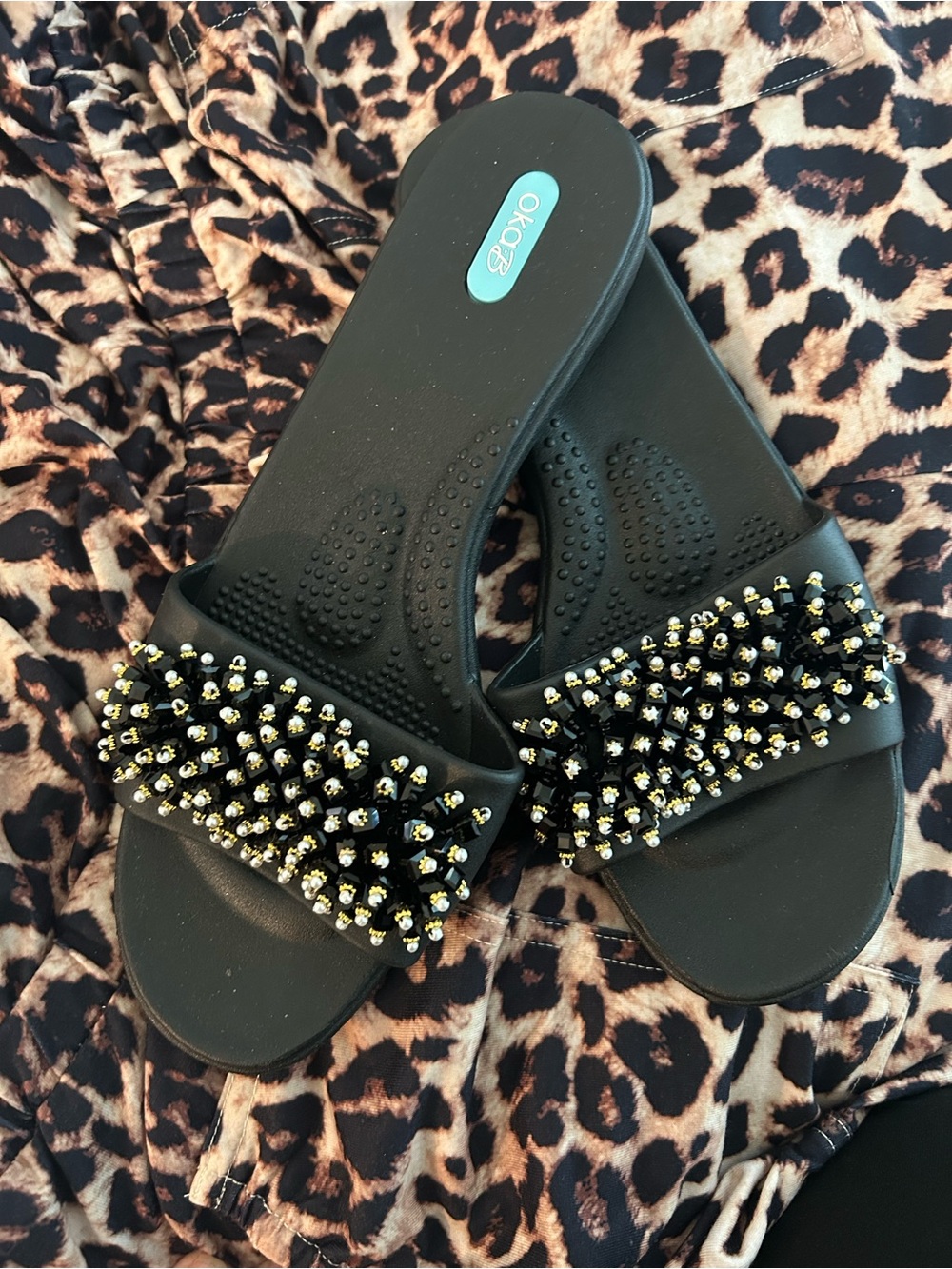OKA b. Black Slide Sandals with Black Beaded and Gold Accents